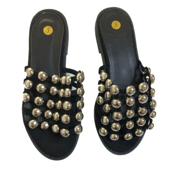 Beaded Black Suede Slide Sandals - Picture 3 of 6
